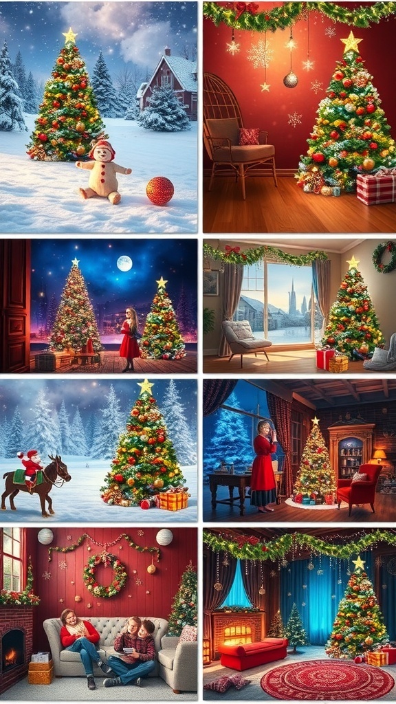 A variety of cheerful Christmas backgrounds including snowy landscapes, Christmas trees, and festive decorations.